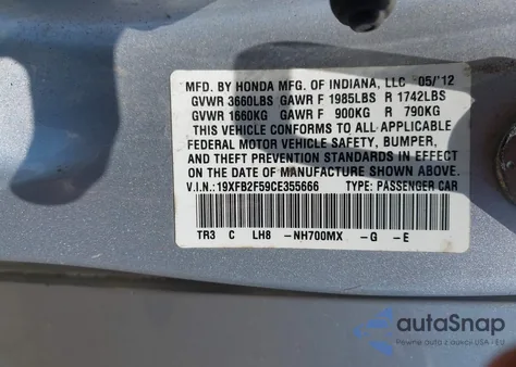 2012 Honda Civic Lx from USA, damaged, VIN 19XFB2F59CE355666